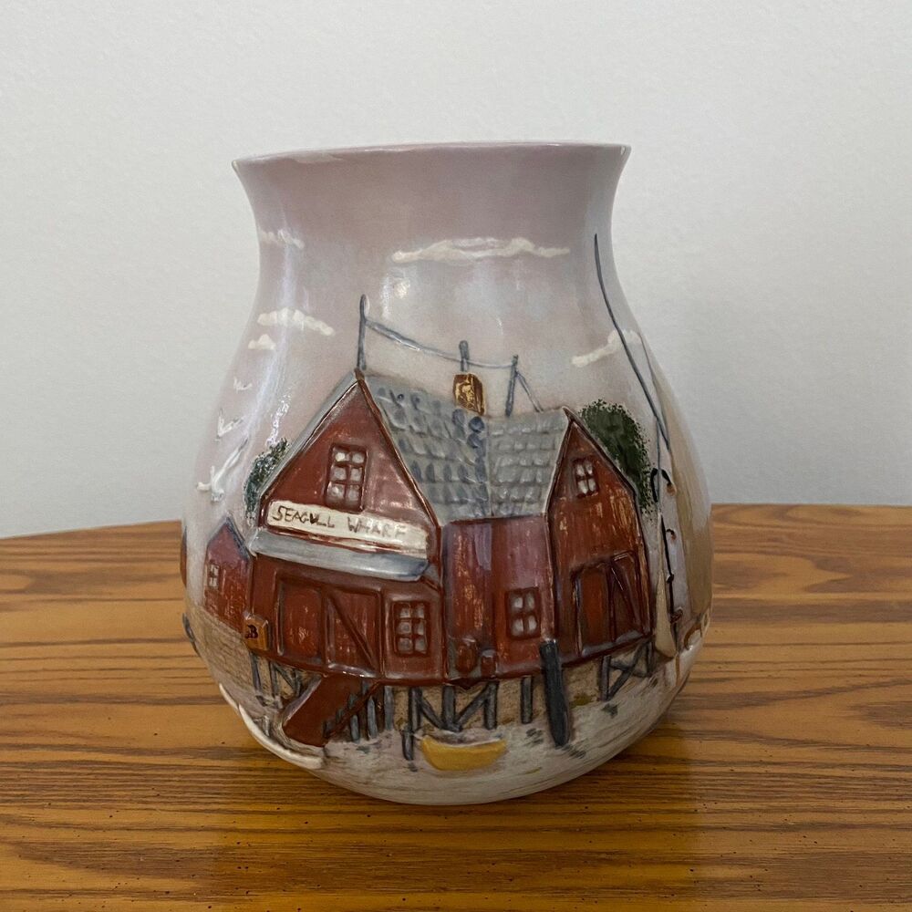 Vintage Vase Hand Painted Lighthouse Excellent 8" Nautical Coastal Decor Art